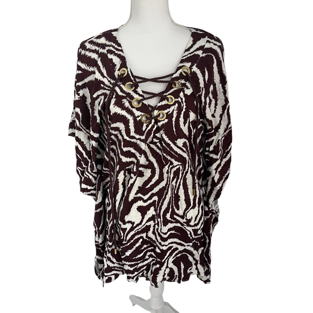 La Blanca Fierce Lines V-Neck Caftan Brown Zebra Print Swimsuit Coverup Small